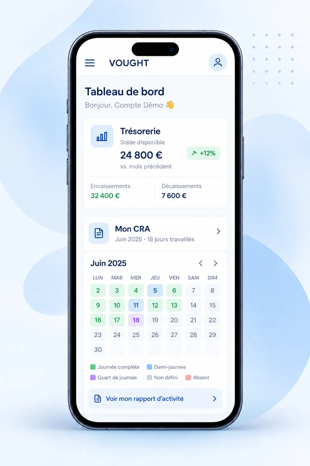 Application mobile VOUGHT : tableau de bord avec trésorerie disponible et calendrier du CRA du mois