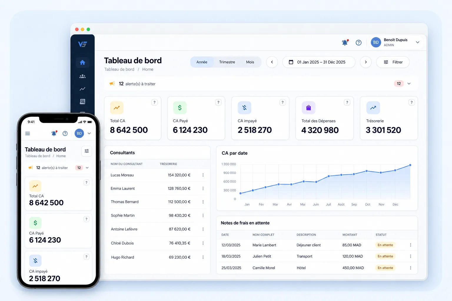 Tableau de bord Vought sur ordinateur et sur l'application mobile : CA total, CA payé, CA impayé, dépenses, trésorerie, CA par date et notes de frais en attente