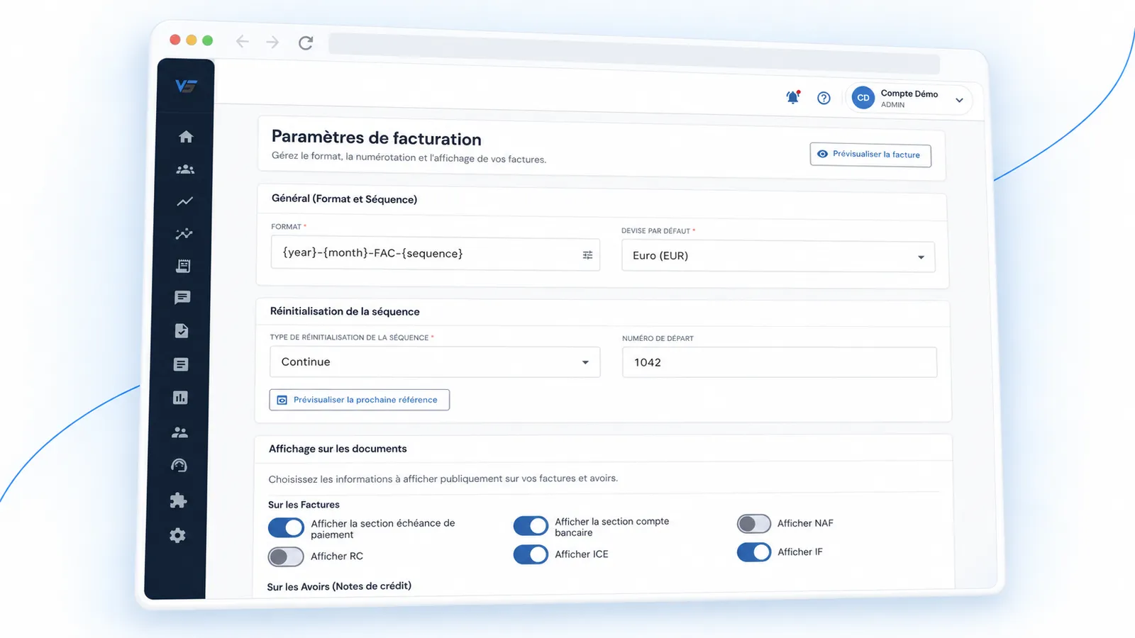 Paramètres de facturation dans Vought : format de numérotation, devise par défaut, séquence et informations affichées sur les factures et avoirs